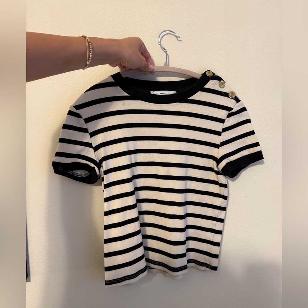 Mango Black & White Striped Short-Sleeve Button-Shoulder Tee